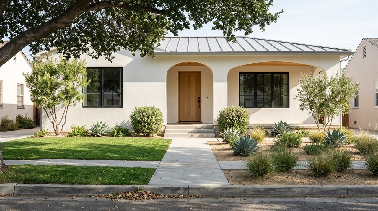 Single-story stucco home with an arched, recessed porch, standing-seam roof, and drought-tolerant landscaping.