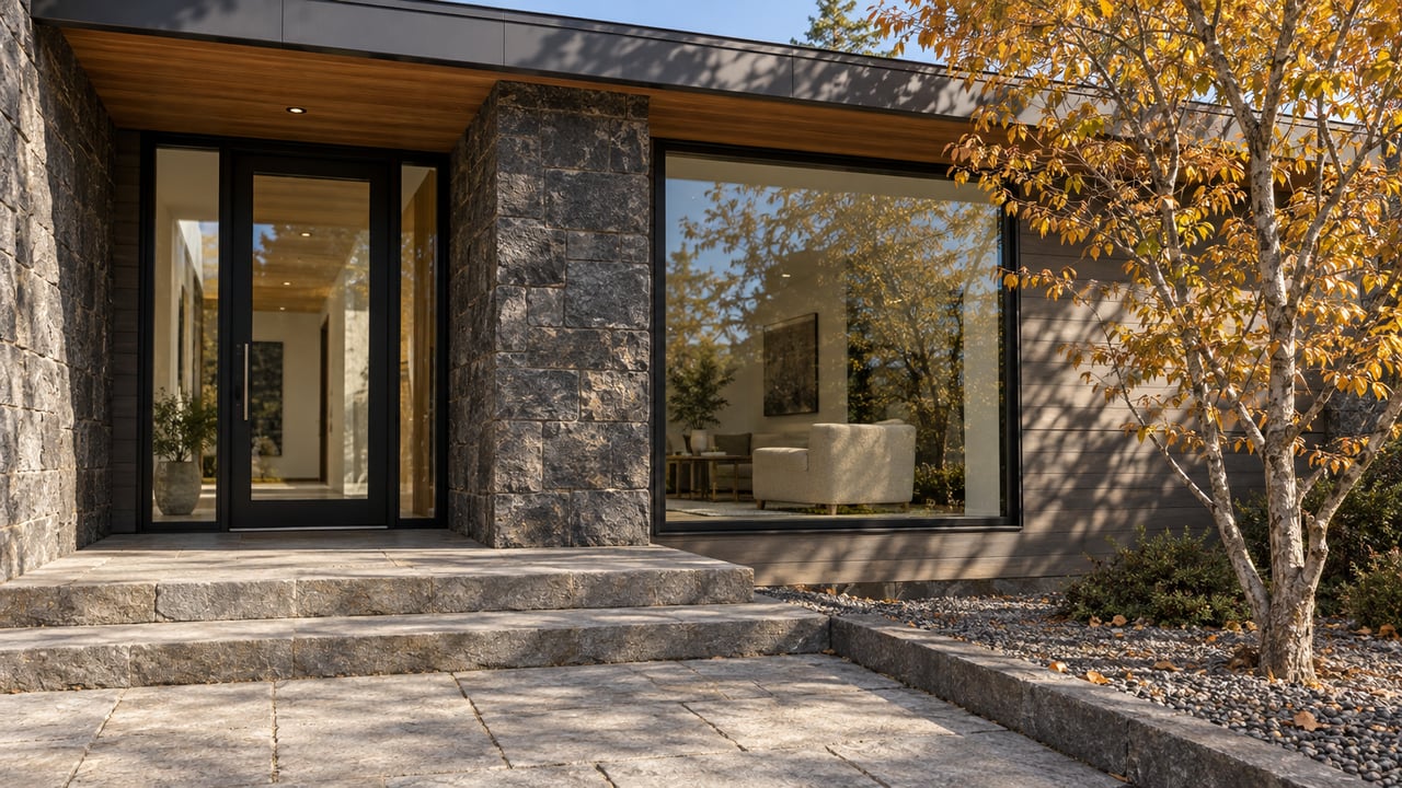 Stone steps lead to a glazed contemporary entry beneath a cedar soffit, beside a copper-leaved serviceberry.
