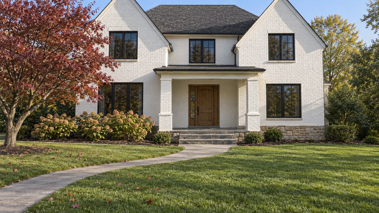 White painted-brick home with steep gables, a stone entry porch, broad lawn and burgundy dogwood foliage in morning sunlight.