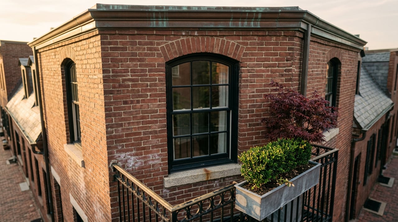 Arched steel-framed window in weathered brick above an iron balcony planter with a red-purple Japanese maple.