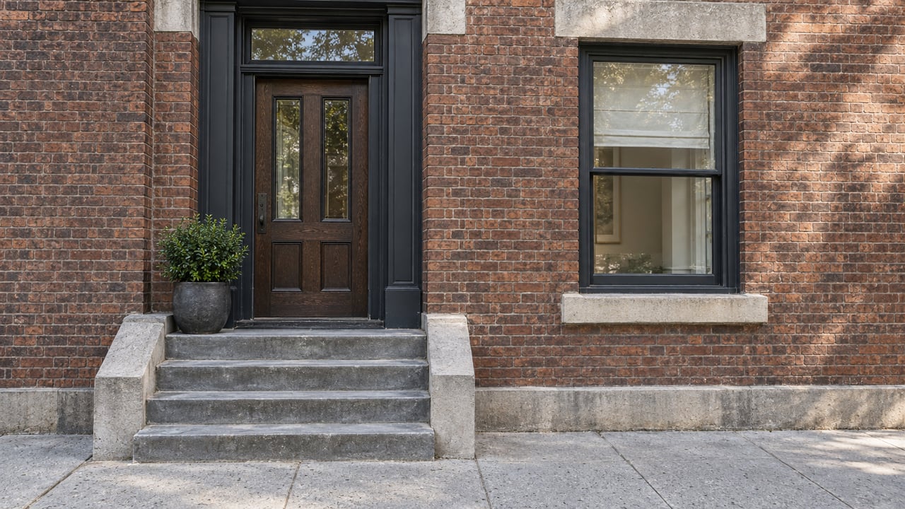 Russet brick townhouse entry with a dark oak door, charcoal sash window, worn stone steps and a single potted Japanese holly.