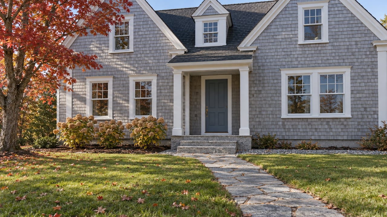 Weathered gray shingle house with white-trimmed windows, granite entry steps, an autumn red maple and a deep lawn.