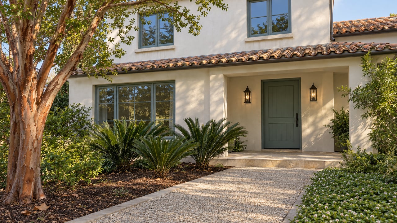 White stucco home with blue-green window frames, a shaded entry and a limestone porch approached through a tropical garden.