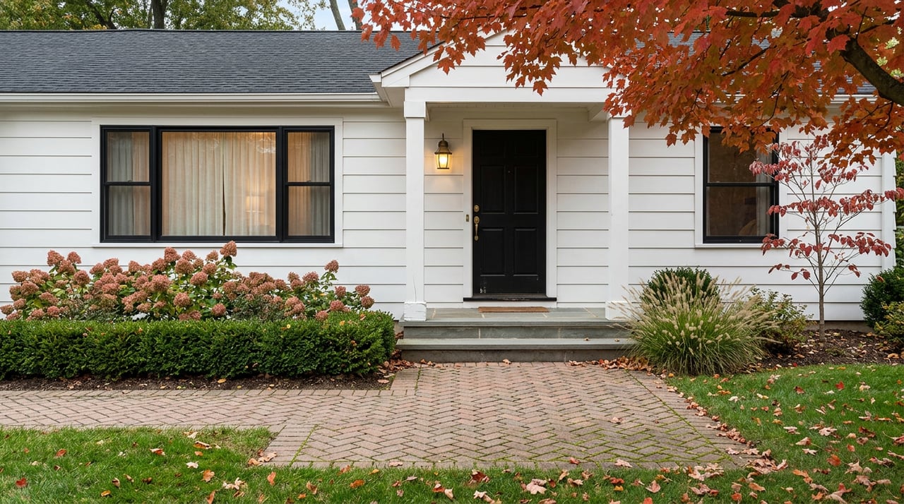 White suburban home with black windows, brick walkway, red-orange maple, and dusty pink hydrangeas.