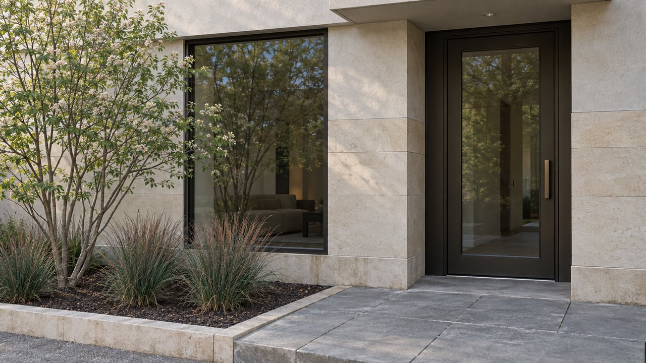 Attached home entry with a recessed bronze-framed door, limestone facade, and a small planted bed.