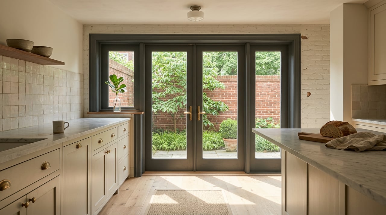 Garden-level kitchen with French doors opening onto a leafy courtyard and brick wall.