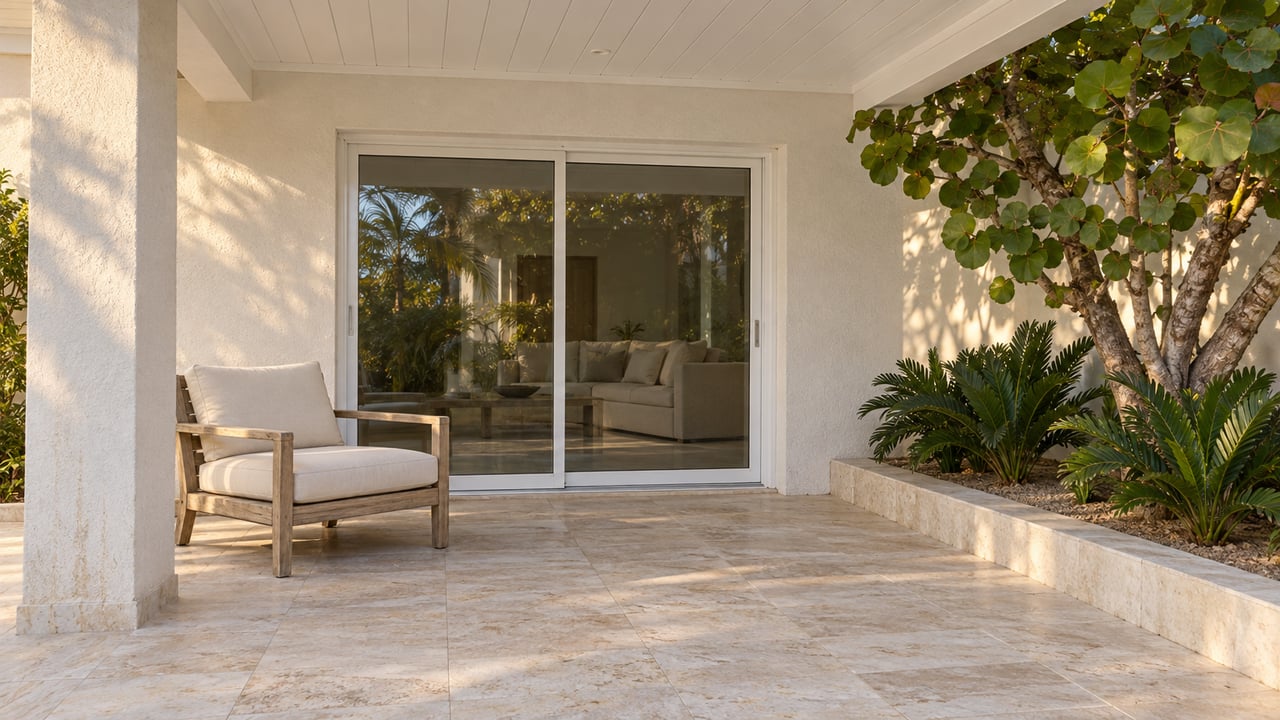 A shaded limestone terrace with a teak lounge chair, white-framed glass doors and a sculptural sea grape tree in a raised stone-edged bed.