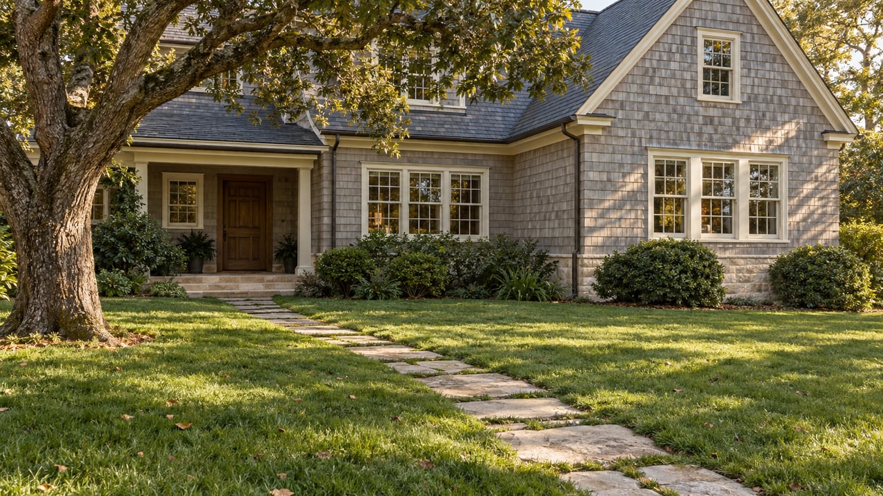 Warm-gray shingle house with a projecting gable, seen across a deep lawn and diagonal stone path beneath an oak canopy.