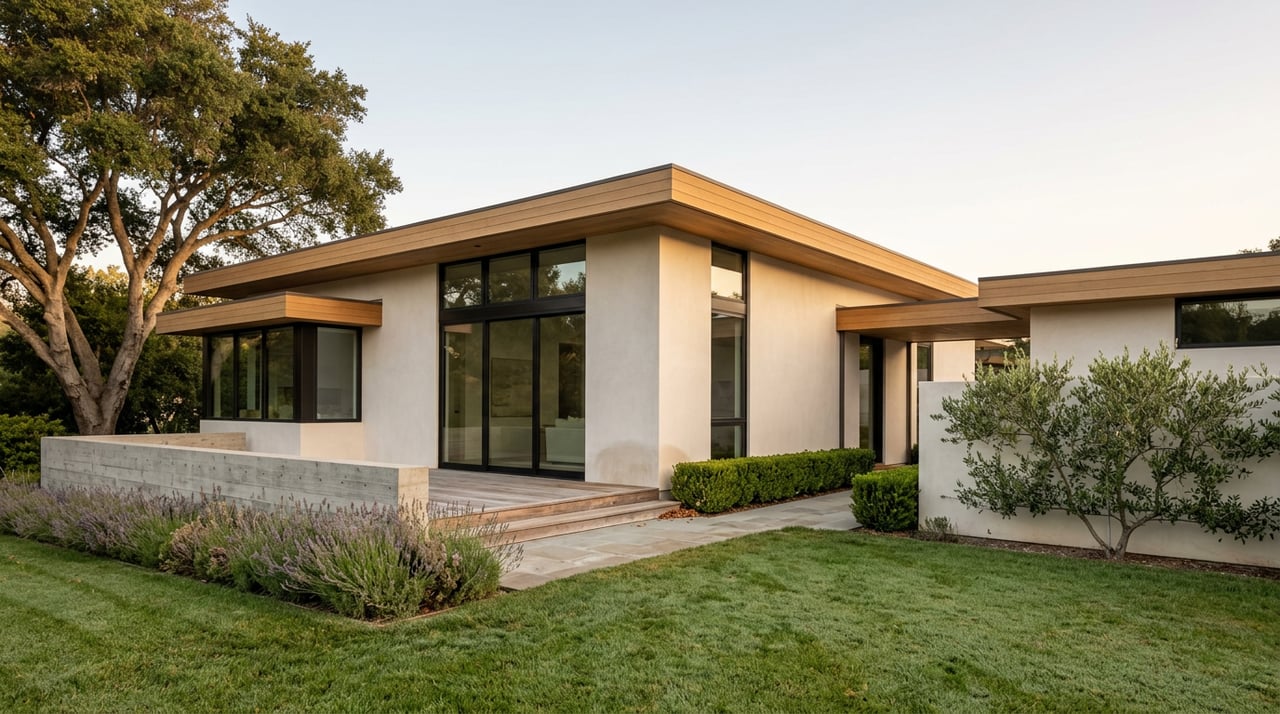 Single-story estate with a covered breezeway, broad oak canopy, and lawn leading to a stone terrace.