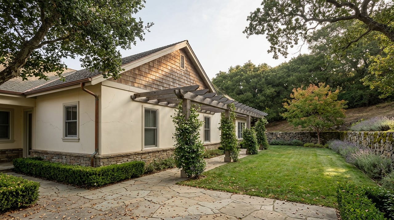 Cream stucco home with a cedar-shingle gable and pergola behind a flagstone patio and broad lawn.