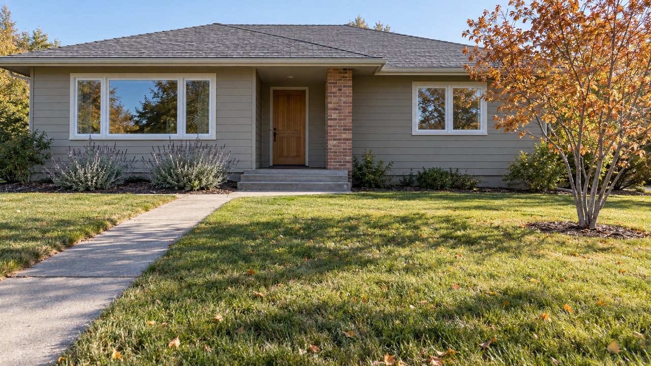 A single-story gray-sided home with a deep autumn lawn, a concrete entry path, and a rust-colored serviceberry tree in morning light.