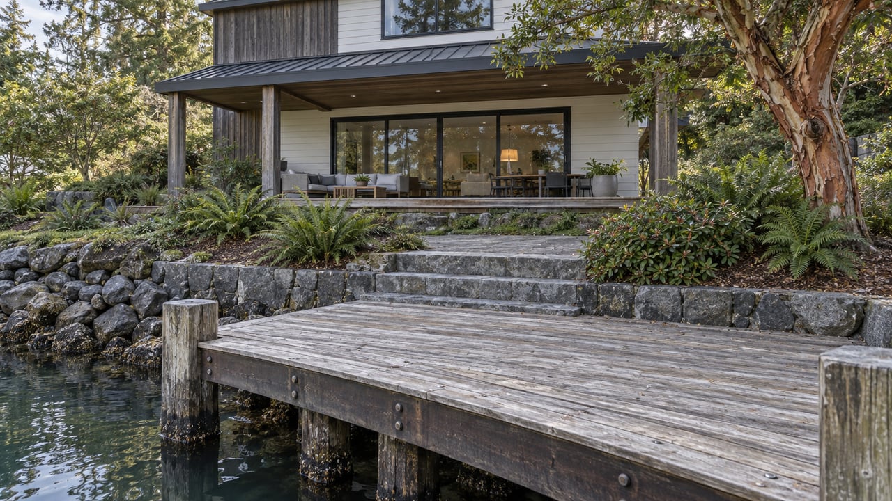 Weathered timber landing faces a cedar-and-siding home above stone steps and a planted shoreline.