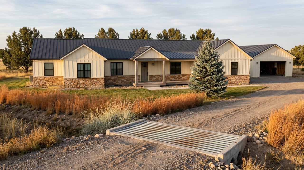 Gravel lane crossing a steel cattle guard toward a set-back farmhouse, outbuilding, spruce, and native grasses.