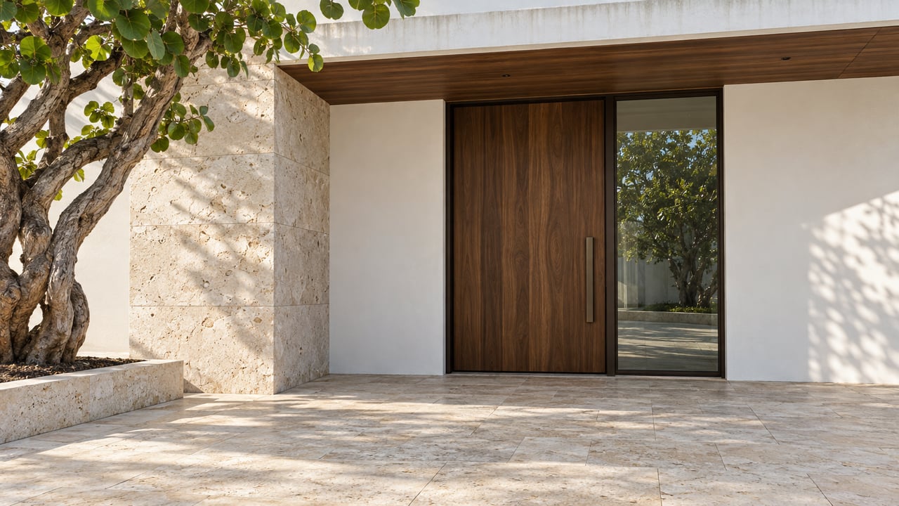 Coastal residence entry with a recessed walnut door, limestone pier, and sculptural tree beside the paved court.