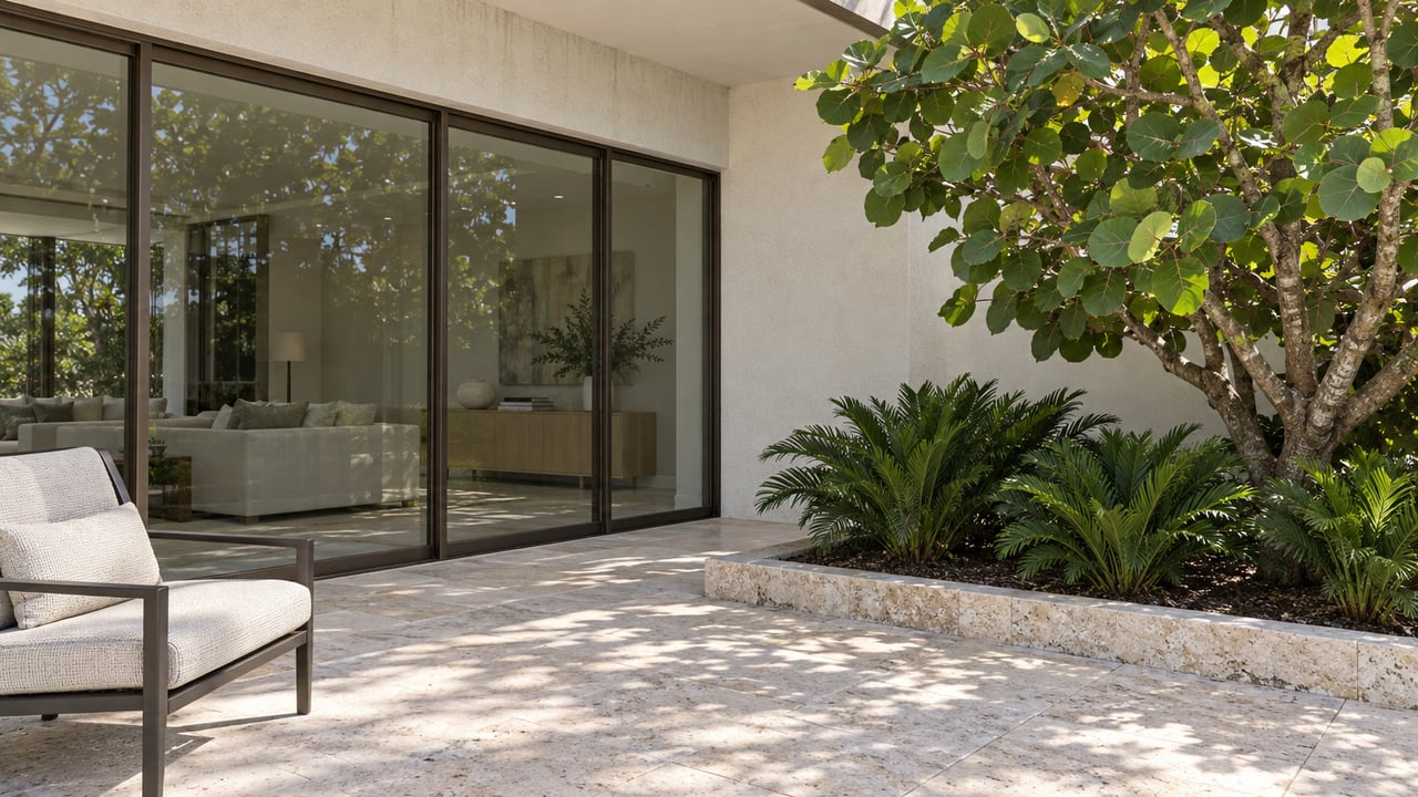 Sunlit shell-limestone terrace with a woven outdoor lounge chair, bronze-framed glass doors, and a sculptural sea grape beside a raised planting bed.