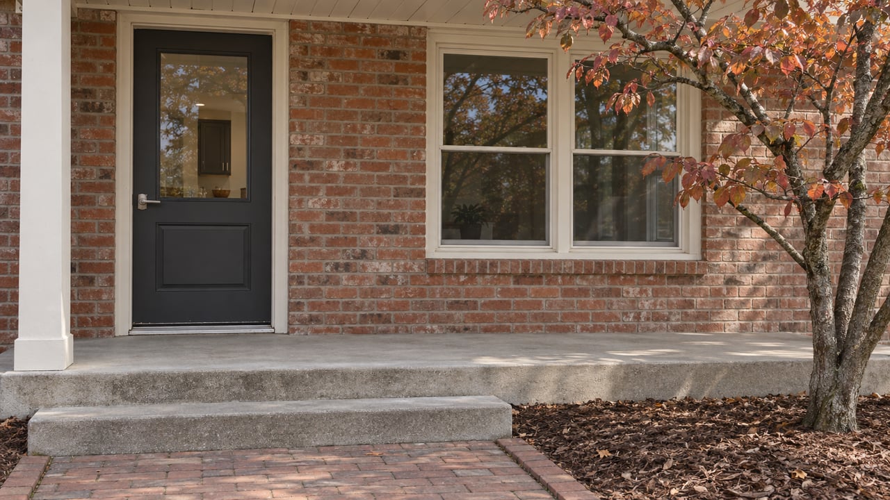 A brick home's covered entry with a charcoal glazed door, painted timber porch, concrete steps and an autumn flowering dogwood.