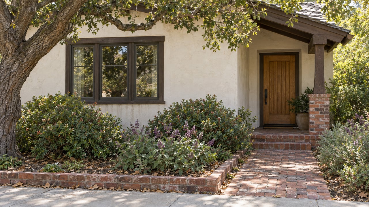 Cream stucco home with a recessed timber door, brick-paver walk, low garden, and oak canopy.