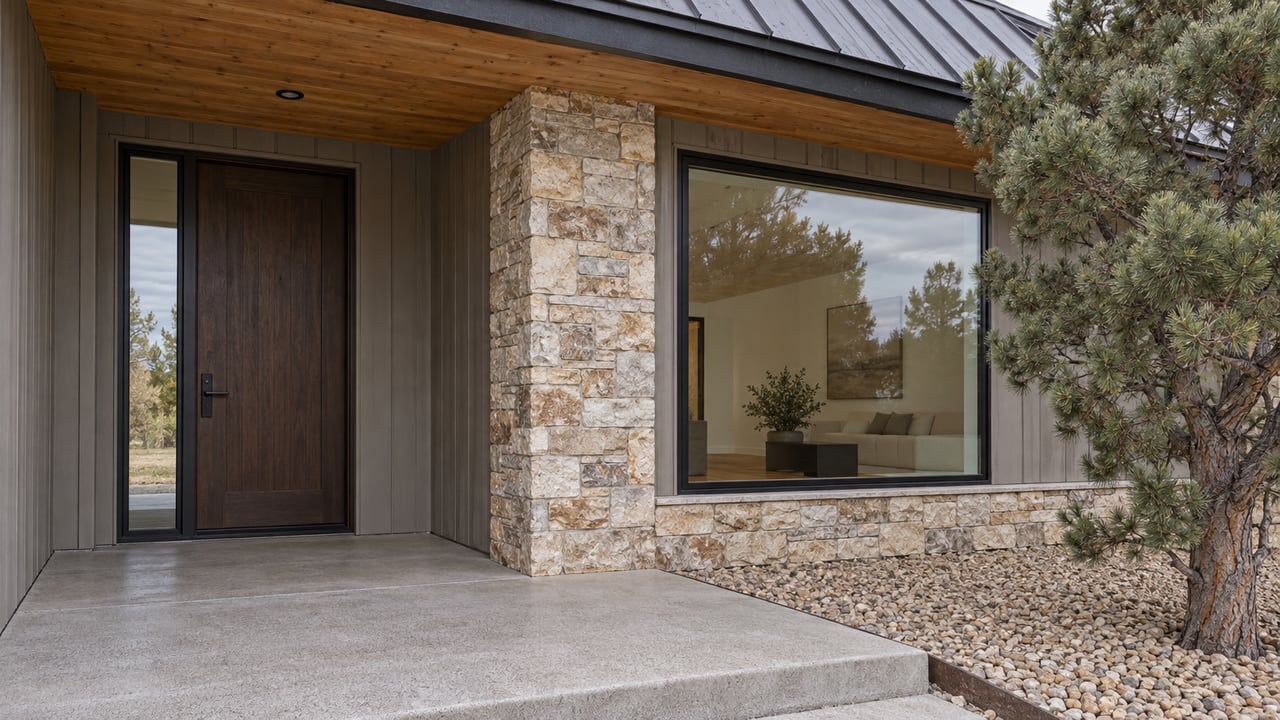 Covered home entry with a timber soffit, buff stone pier, dark-framed window, and a single pinyon pine beside a concrete landing.