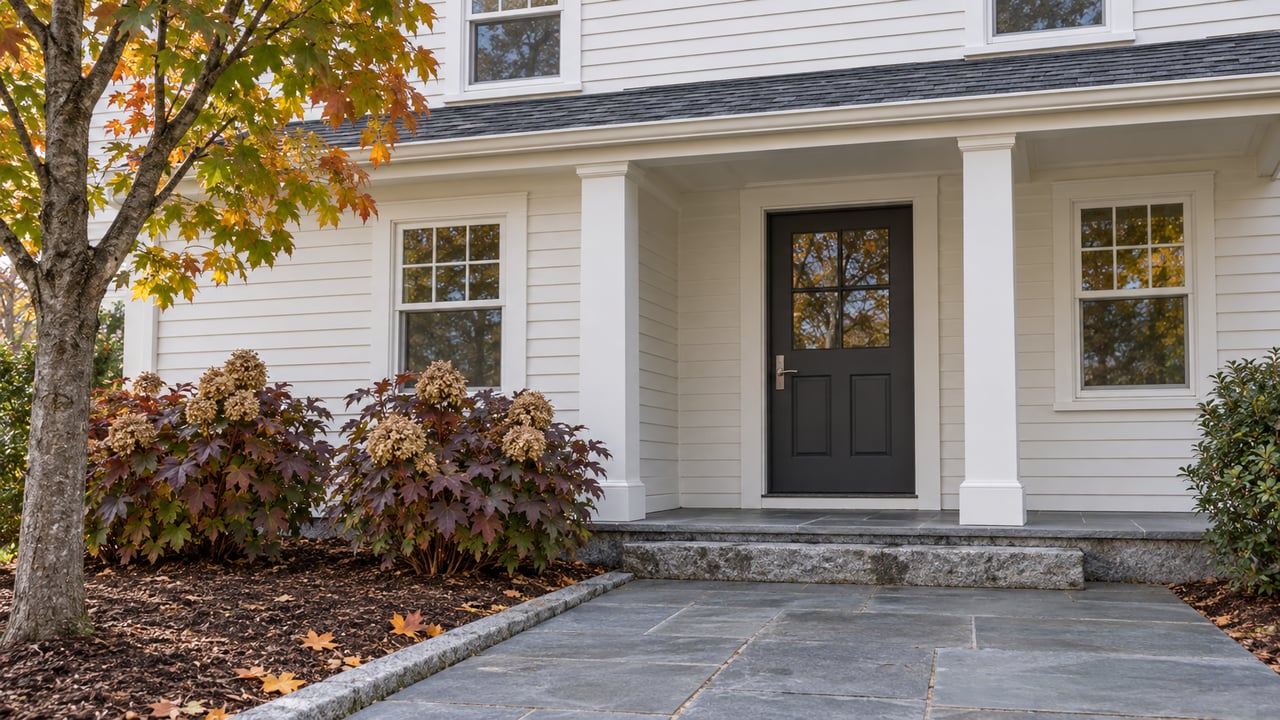 White clapboard home with a charcoal front door, bluestone approach, granite step, and amber maple leaves beside autumn hydrangeas.