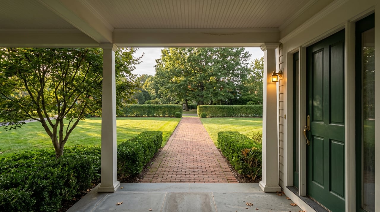 Brick walk between clipped boxwood hedges, leading from a green entry door to a red oak canopy.