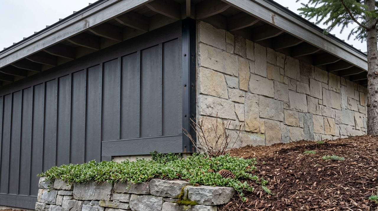 House corner with charcoal board-and-batten siding, irregular stone veneer, exposed timber bracket, and deep eaves.