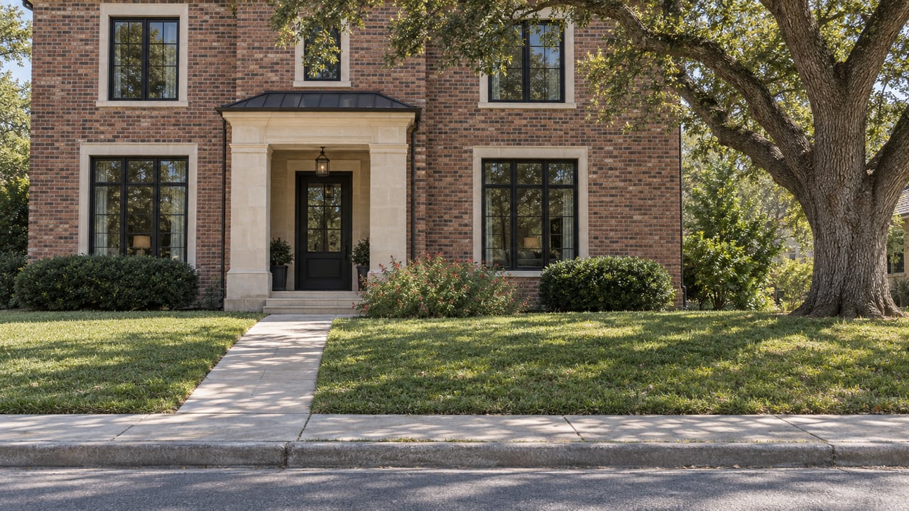 Two-story red-brown brick house with limestone entry, deep lawn, pale stone walk, and spreading oak.