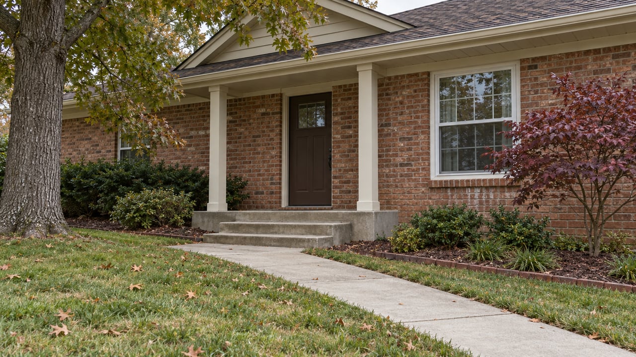 Brick home's covered front entry and window above concrete steps, with a sloping lawn, oak and burgundy-leaved dogwood.