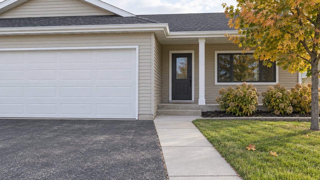 Beige single-story home with an attached garage, recessed entry, concrete approach, and autumn maple beside a flat lawn.