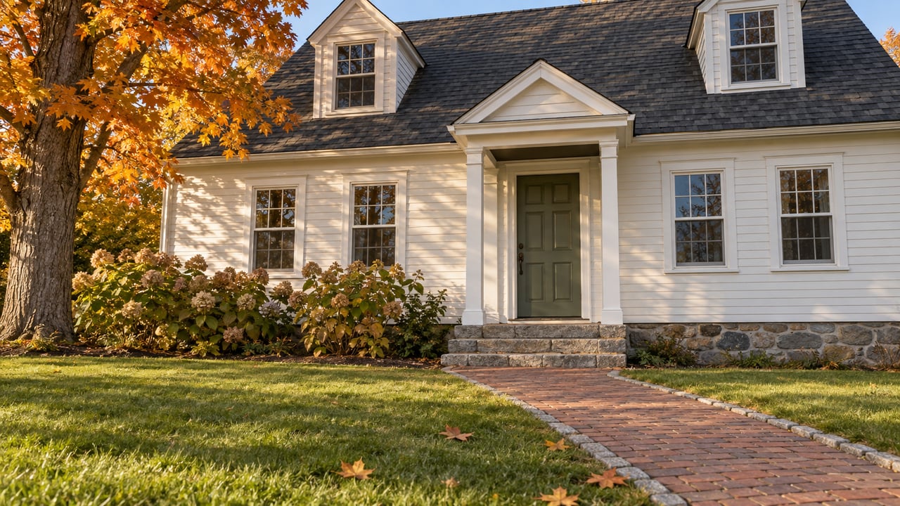 White clapboard home with dormers, an olive front door, granite steps and a brick walk beneath an amber autumn maple.