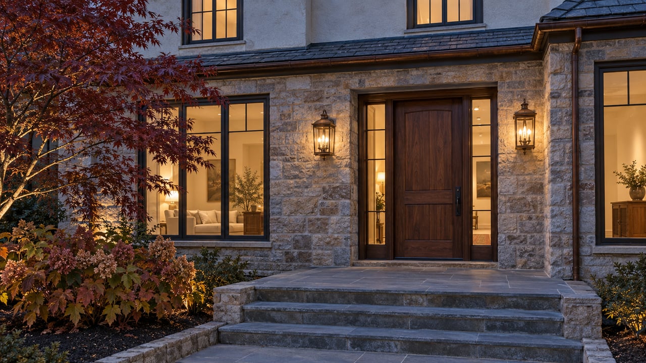 Blue-hour view of a stone and stucco home with a walnut entry, warm windows, bluestone steps and autumn planting.