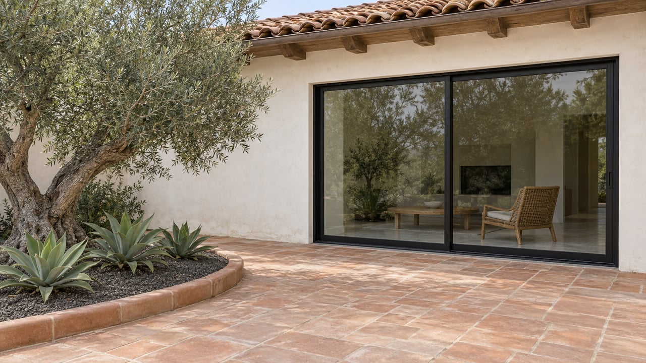 Cream stucco home with a timber eave and black-framed glass doors opening onto a terracotta courtyard beside an olive tree and agave planting.