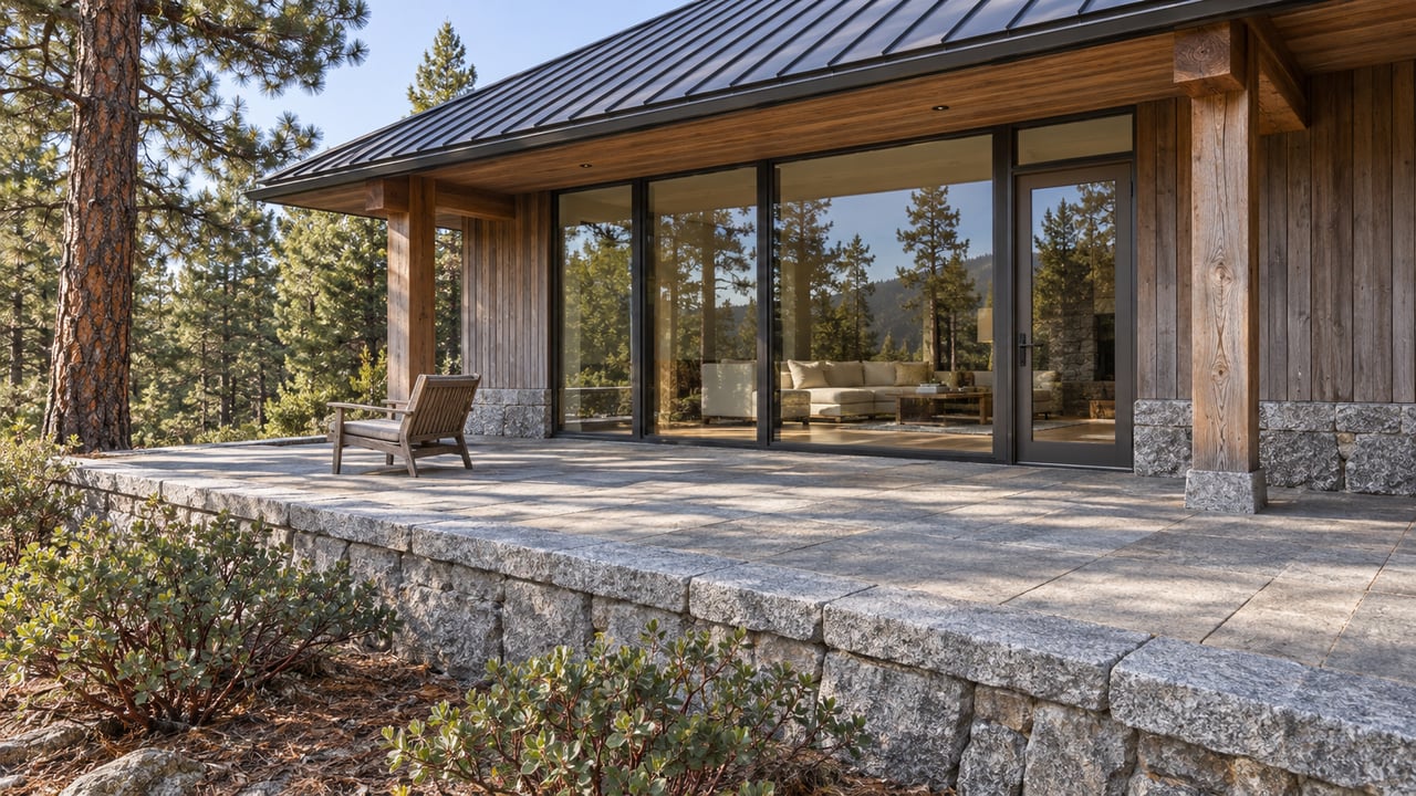 Cedar-and-glass home with a pitched metal roof, granite terrace, and a mature pine beside a planted stone retaining wall.