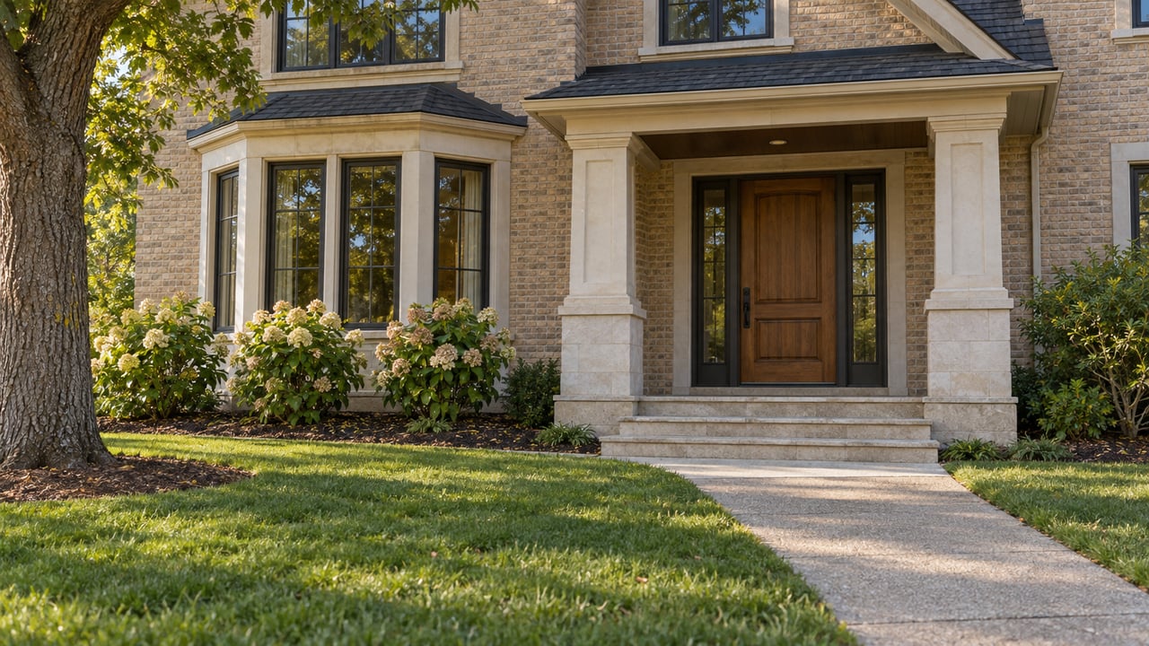 Buff-brick two-story home with a limestone entry, wood front door, established lawn and flowering hydrangeas in afternoon sunlight.