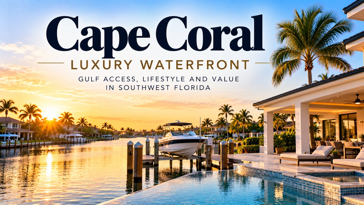 Luxury Cape Coral waterfront home with a private pool, dock, boat lift, and Gulf-access canal, showcasing the boating lifestyle and waterfront real estate available in Southwest Florida.