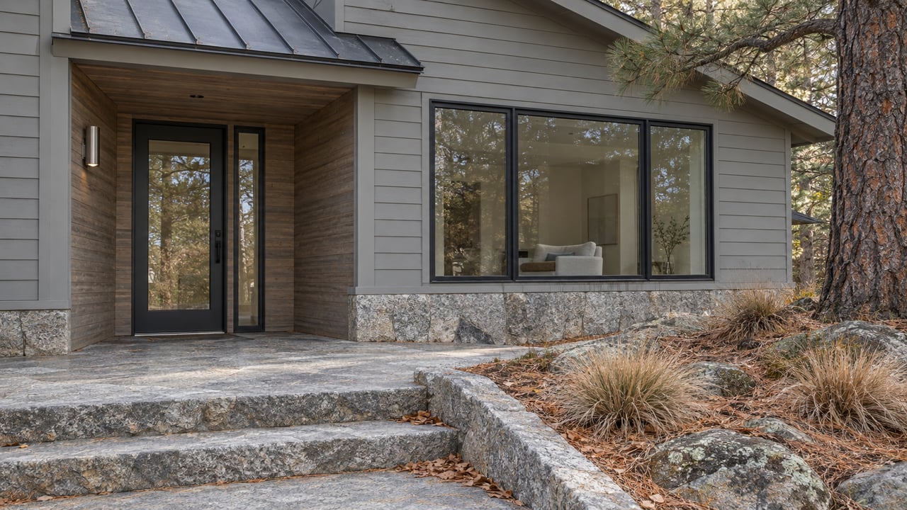 Updated timber-sided home with a glazed entry, granite approach steps and a mature pine beside a planted slope.