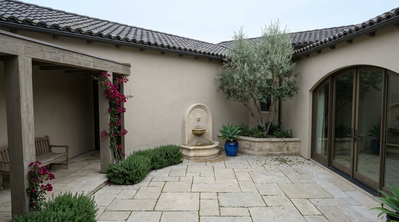 Enclosed Mediterranean courtyard with a carved stone fountain, arched glass doors, olive tree, and cobalt urn.