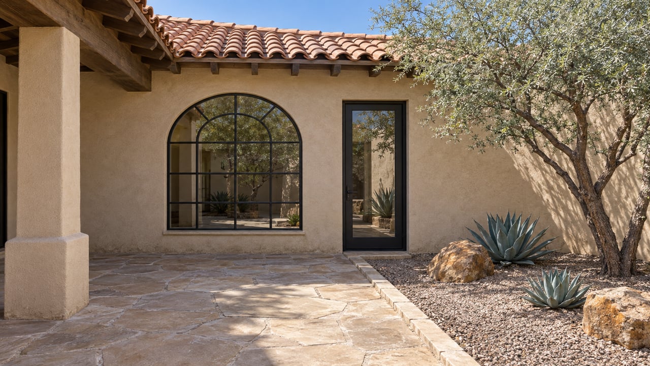 Sand-stucco home with clay roof tiles, arched black-framed glazing and a shaded stone patio beside an ironwood tree and two agaves.