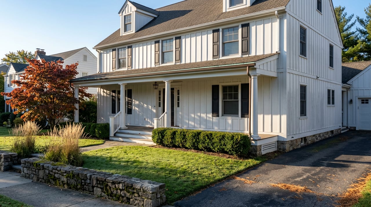 Two-story white colonial with black shutters, a deep porch, and red-orange dogwood foliage by a fieldstone wall.