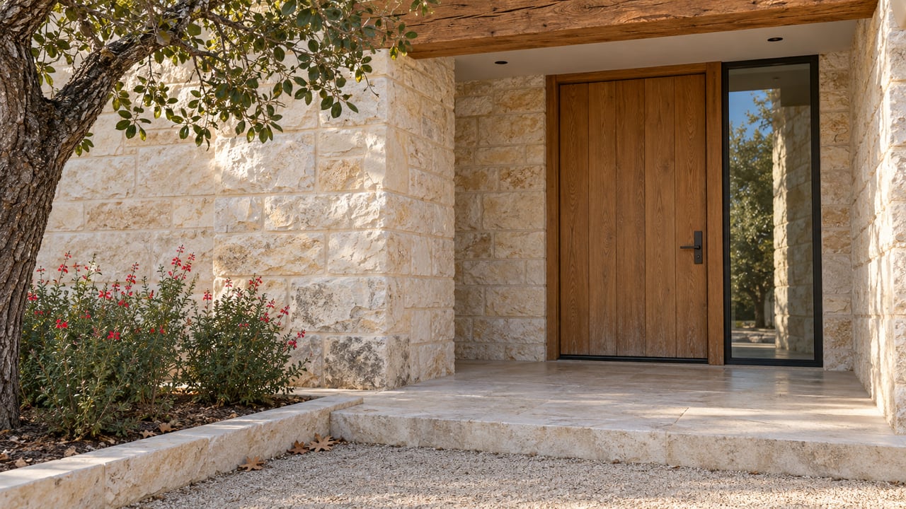 Sunlit limestone porch with a timber entry door, glazed sidelight and oak branches.