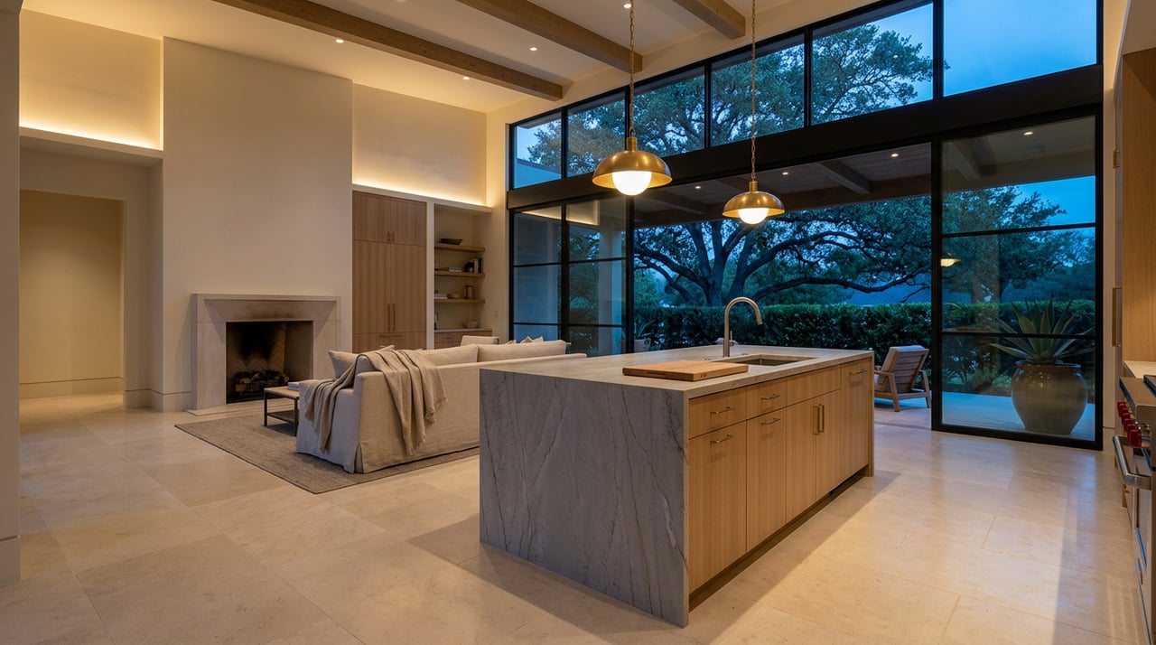 Great room with a quartzite island, brass pendants, and floor-to-ceiling windows overlooking a live oak canopy.