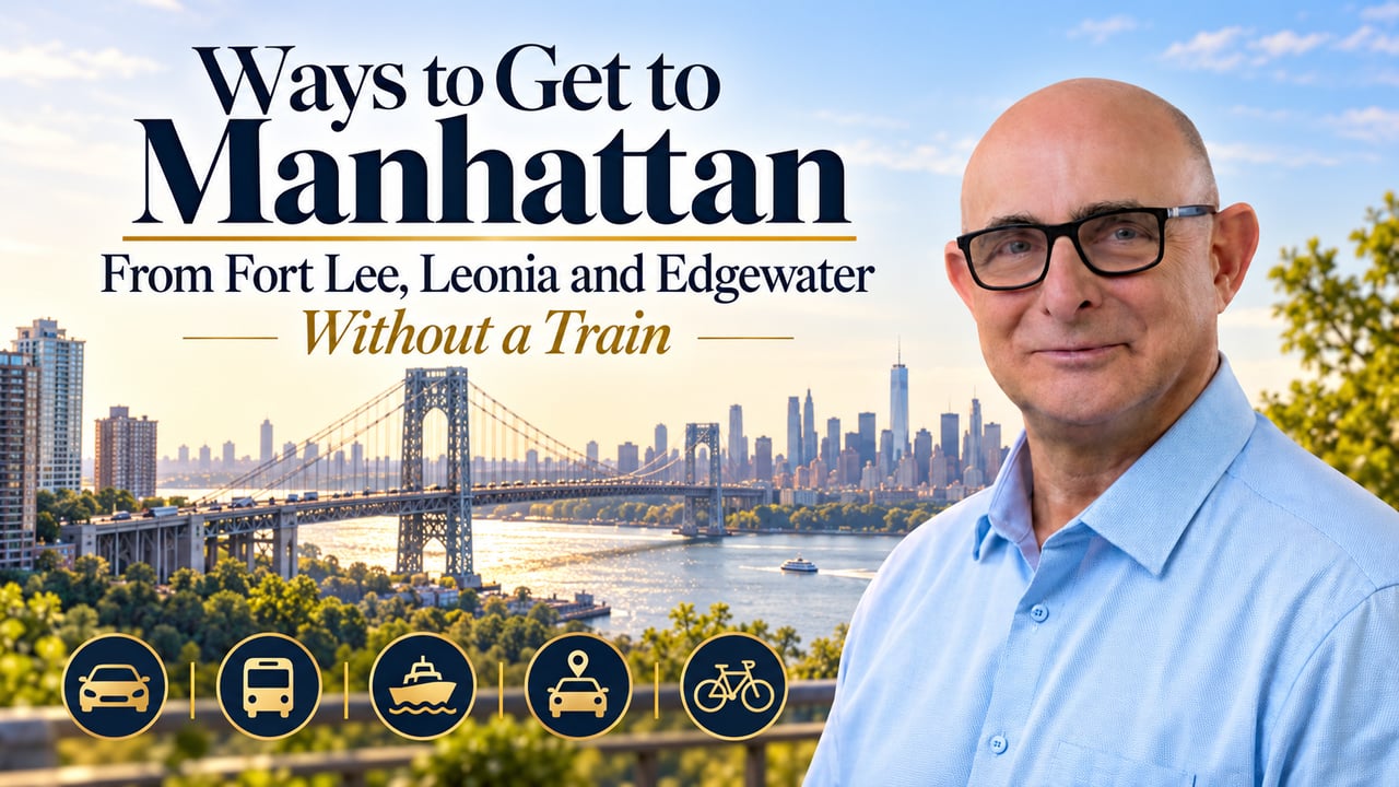 Ways to get to Manhattan from Fort Lee, Leonia and Edgewater without a train, with transportation icons and a man.