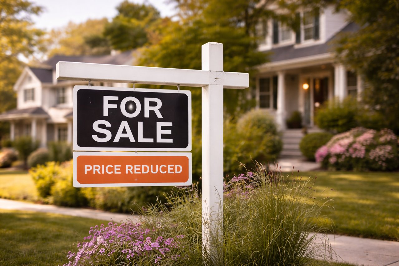 For sale sign with price reduced notice in front of a Connecticut home