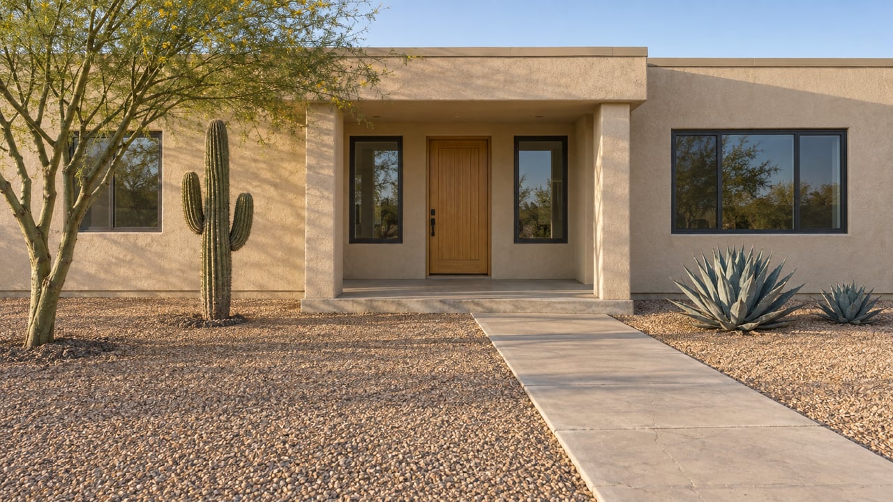 Low pale-stucco home with a recessed entry, gravel front yard, blue palo verde, saguaro and two agaves in afternoon sunlight.
