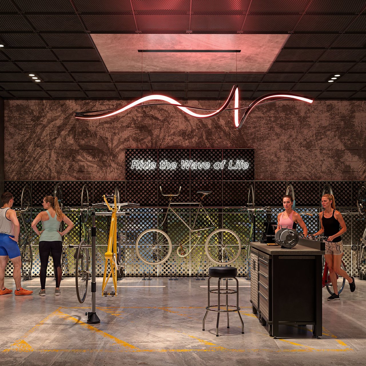 The Rider Residences gym with stationary bikes, workout equipment, and a glowing wave sculpture.