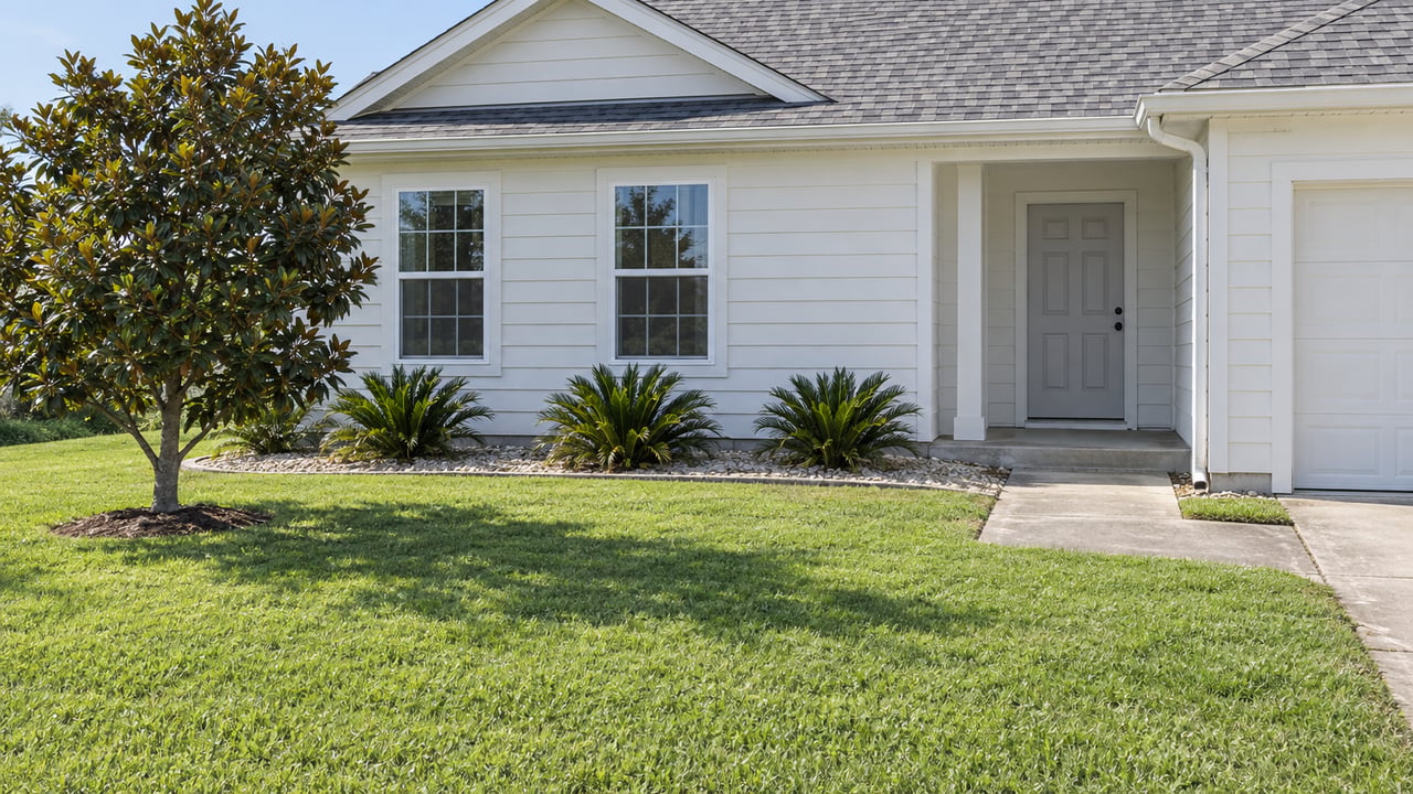 A pale single-story home with a gray shingle roof, broad green lawn, small magnolia and a concrete walk leading to its covered entrance.