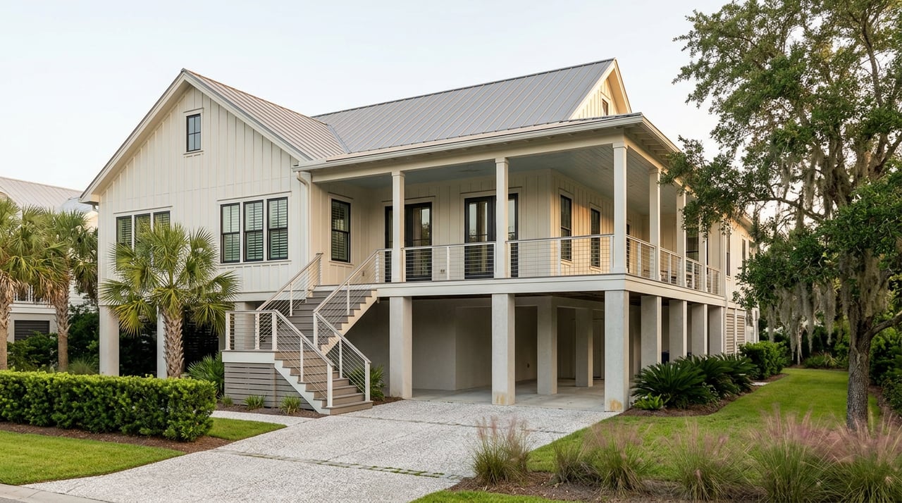 Elevated coastal home with gray metal roof, blue porch ceiling, entry stairs, and a palm beside the driveway.