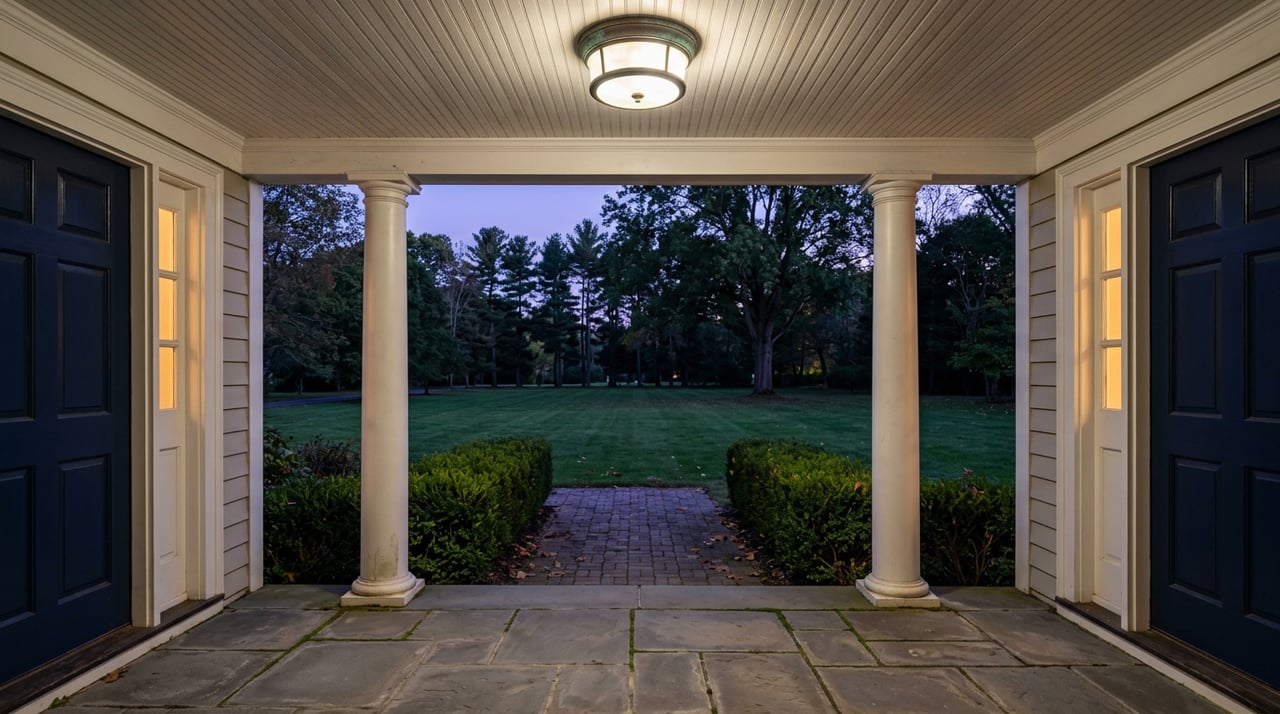 White columns frame a brick walk across a deep lawn toward silhouetted trees beneath a blue dusk sky.