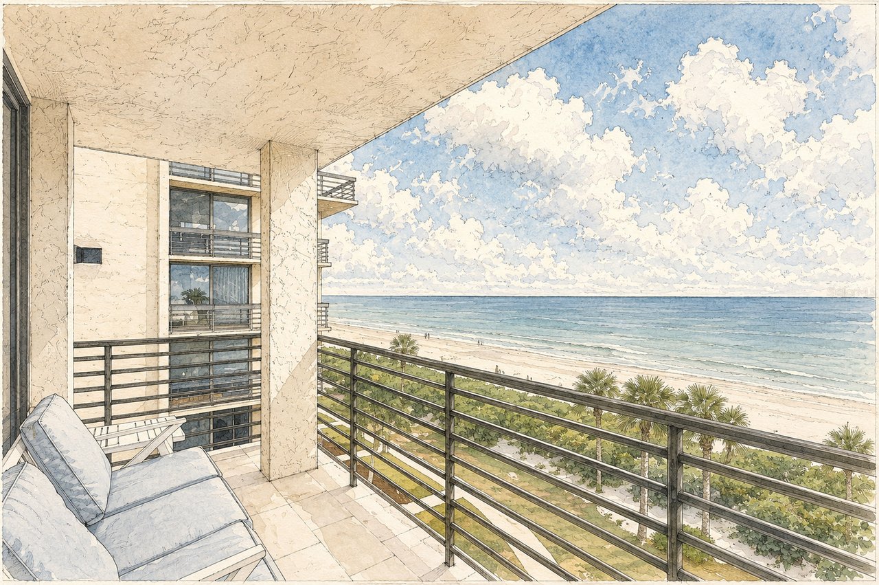 Architectural rendering of a beachfront balcony overlooking the ocean, with lounge seating and neighboring balconies.