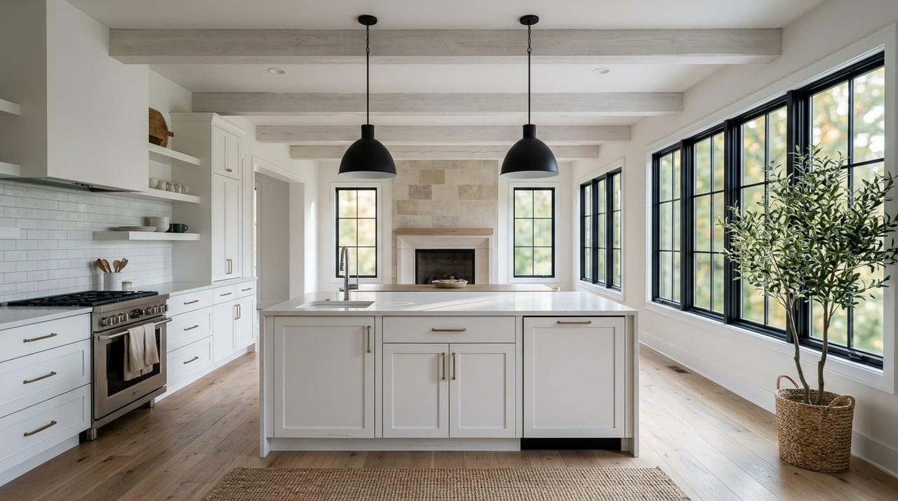 Open-plan kitchen with a white waterfall island, black-framed windows, and a limestone fireplace.