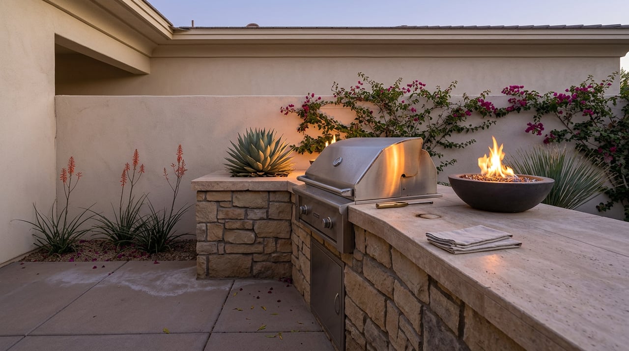 Outdoor kitchen with a stone counter, closed stainless grill, and glowing concrete fire bowl beside desert plants.